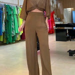 Laguna Resort Kink Shirt and Pocketed Wide Leg Pants Set with Cami Top