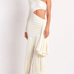 Bodycon Sleeveless Pleated Solid Color Tasseled One-Shoulder Maxi Dresses