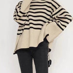 Long Sleeves Loose Contrast Color Split-Joint Split-Side Striped High Neck Sweater Tops