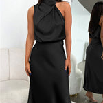Long Formal Satin Dress Mock Neck High Neck Evening Dress