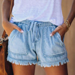 Nadorine Denim Shorts Casual Drawstring Elastic Waist Summer Frayed Tencel Short Jeans With Pockets