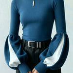 Long Sleeves Puff Sleeves Contrast Color High Neck Pullovers