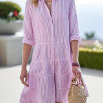 Long Sleeve Lapel Stripe Layered Panel Hem Shirt Dress
