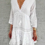 Floral Print A-line Party Dress Spring Summer V neck Lace Tassel Mini Solid Color Boho Dresses