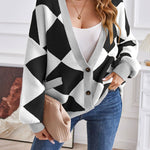 V-neck geometric patchwork contrasting knitted cardigan casual loose jacket