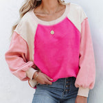 Nadorine Colorblock Bishop Sleeve Sweatshirt Plush Stitching Jumper Crop Top