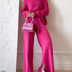 Solid Color Knitted Two Pieces Turtleneck Sweater Set Loose Top + Slit Trouser Pants