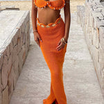 Natcha Knit Wave Mid-rise Elastic Waist Slit Stretch Maxi Skirt