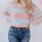 Nadorine Contrast Color Top Leopard Print Round Neck Long Sleeve Sweatshirt