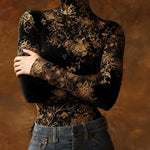 Long Sleeves Skinny Contrast Color Flower Print Split-Joint High Neck Blouses&Shirts Tops