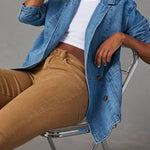 Notch Lapel Button Front Pocketed Denim Blazer