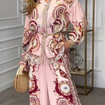 Unique Print Lapel Long Sleeve Tie Waist Shirt and Elastic Waist Pocket Wide Leg Pants Set