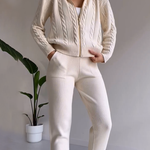 Nadorine Women's Casual Twist Jacquard Sweater Cardigan Two-Pieces Set