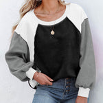 Nadorine Colorblock Bishop Sleeve Sweatshirt Plush Stitching Jumper Crop Top