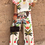 High Waisted Loose Drawstring Elasticity Printed Split-Joint Pants Trousers