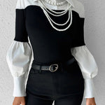 Long Sleeves Loose Buttoned Contrast Color Pleated Split-Joint Lapel Blouses&Shirts Tops