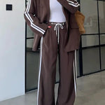 Levvie Striped Trim Long Sleeve Lapel Blazer and Rope Belt Pocketed Wide Leg Pants Set