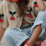 Short Sleeves Button Up Cherry Decorative Knit Sweater