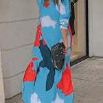 Loose Wrap Buttoned Contrast Color Pockets Printed Split-Side Shirt Dress