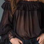 Romantic Cold-Shoulder Ruffle Chiffon Blouse With Lace Trim