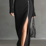Women's Urban Style Black Ribbed Knit Air Layer Hooded Zip-up Midi Dress