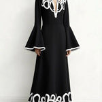 A-Line Flared Sleeves Abstract Printed Contrast Color Hollow Line Split-Joint Stand Collar Maxi Dresses