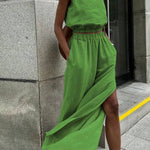Cotton and Linen Slit Fashionable Two-piece Set