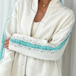Edan Textured Knit Sequin Patchwork Drawstring Zipper Sweatshirt and Stretch Wide Leg Pants Set