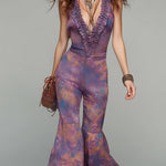 Retro-print Jumpsuit With Ruffled Neckline And Flared Legs