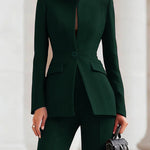 Long Sleeves Buttoned Pockets Solid Color Stand Collar Blazer Outerwear