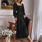 Solid Color Long Sleeve Dress Square Neck Lotus Leaf Maxi Dress