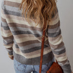 Gray Striped Ribbed Edge Round Neck Sweater