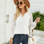 Nadorine V Neck Tops Solid Color Blouse Long Sleeve Pullover Lace Patchwork Shirt