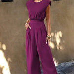 Rose Red Padded Shoulder Slant Pocket Wide Leg Jumpsuit