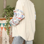 Frayed Denim Jacket Vintage Boho Tribal Button Down Patchwork Shirt Shacket