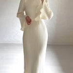 Pleated Bell Sleeve Back Tie Up Maxi Dress