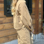 Solid Color Long Sleeve Crop Top with Pockets and High Waisted Nine-Quarter Pants Two-Piece Set