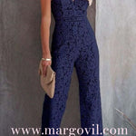Margovil V Neck Waisted Wide Leg Cami Lace Jumpsuit