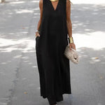V Neck Pocket Loose Long Boho Dress Summer Sleeveless Tank Beach Dress