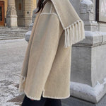 Women's Thickened Loose Woolen Coat with Fringed Scarf