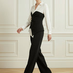 Elasticated Waist Irregularity Asymmetric Buttoned Contrast Color Split-Joint V-Neck Blouses&Shirts Tops