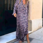 Nadorine Women's Boho Geometric Figure V Neck Long Sleeve Split-Side Long Dresses