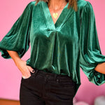 Women's Gold Velvet Long Sleeve Top V Neck Shirt