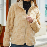 Long-sleeved Zippered Cardigan Loose Solid Color Checkered Plush Jacket