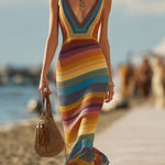 Retro Western Style V-Neck Colorful Striped Breathable Knitted Maxi Dress