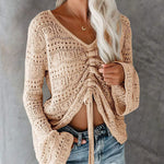 Front Tie Crop Knits Tops Ruched Drawstring Knitted V Neck Long Sleeve T Shirts