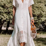 V Neck Slim Dress Floral Lace Midi Dress