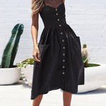 Solid Color Strap Open V-Neck Back Women's Dress with Pockets