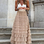 Nadorine Women's A-Line Patchwork Mesh Cake Skirt Casual Solid Color High Waist Loose Ruffled Pleated Long Tulle Skirt