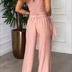 Kathy Linen Blend Cross Halter Smocked Top and Elastic Waist Wrap Tie-up Pants Set